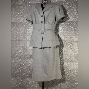 Anne Klein Grey 90s Revival Belted 3 piece Skirt Suit Set size 6 office business